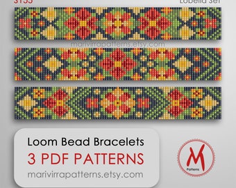 Lobelia Loom bead patterns for bracelets - Set of 3 pattern, native inspired, flowers color, bead 11/0 size - PDF instant download #S155