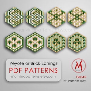 May include: Six different beading patterns for peyote or brick stitch earrings. The patterns feature green, gold, and white beads in geometric and clover designs. The patterns are labeled "EA045 St. Patrick's Day" and are available as PDF downloads.
