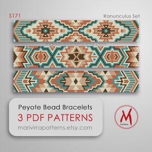 May include: Three bead bracelet patterns in a peyote stitch, featuring a geometric design with brown, beige, and turquoise colors. The patterns are titled "Ranunculus Set" and are available as 3 PDF patterns from marivirrapatterns.etsy.com.