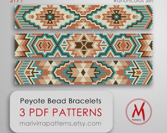 Ranunculus Peyote Patterns Set for bracelets - Odd Count, Turquoise bracelets, Native inspired, miyuki 11/0 size, PDF instant download #S171