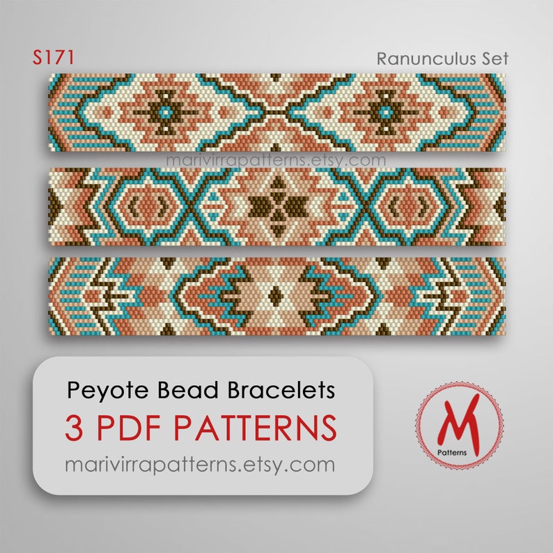 May include: Three bead bracelet patterns in a peyote stitch, featuring a geometric design with brown, beige, and turquoise colors. The patterns are titled "Ranunculus Set" and are available as 3 PDF patterns from marivirrapatterns.etsy.com.