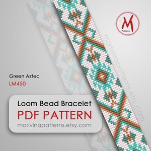 Green Aztec Loom bead patterns for bracelets - Native inspired, turquoise blue, seed miyuki beads 11/0 size - PDF instant download #LM450