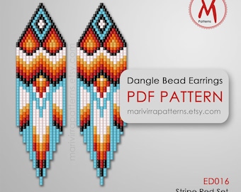 Stripe Red bead pattern for Dangle Long Earring - Native inspired red, miyuki delica seed beads 11/0 size - PDF instant download #ED016
