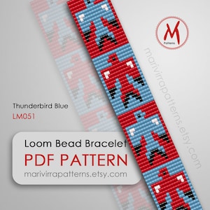 Puede incluir: Patrón PDF de pulsera de cuentas de telar para un diseño Thunderbird Blue. El patrón presenta un diseño rojo, blanco y azul. El patrón está disponible para descargar en marivirrapatterns.etsy.com.
