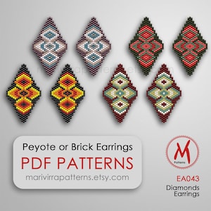 Diamond Peyote bead pattern for earrings - 2 Floral boho earring patterns, diy idea, miyuki delica beads 11/0 - PDF instant download #EA043