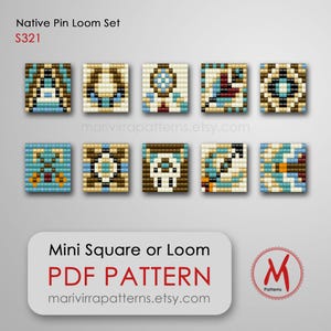 May include: A digital collection of ten square beadwork patterns labeled Native Pin Loom Set S321. Each square features geometric designs in shades of blue, brown, white, and black. The image includes the text Mini Square or Loom PDF PATTERN.