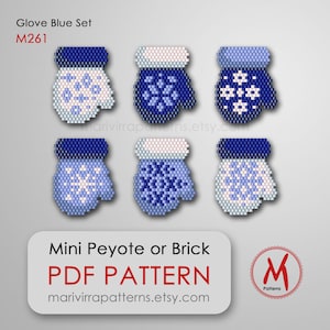 May include: A set of six beading patterns for making blue and white mittens with snowflake designs. The patterns are for mini peyote or brick stitch and are available as a PDF download. The patterns are labelled "M261" and "Glove Blue Set".