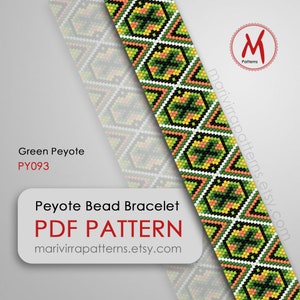 May include: Green, yellow, orange, black, and white peyote bead bracelet pattern. The pattern is called "Green Peyote" and the pattern number is PY093. The pattern is available as a PDF download.
