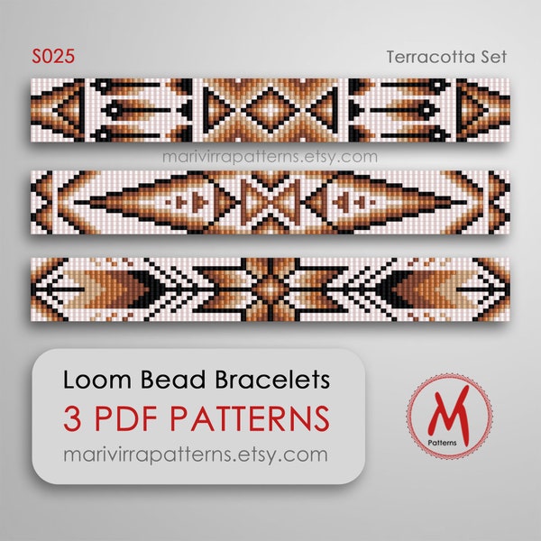 Terracota colors Set of 3 pattern, Loom bead patterns for bracelets - native inspired, west feather, beads 11/0 - PDF instant download #S025