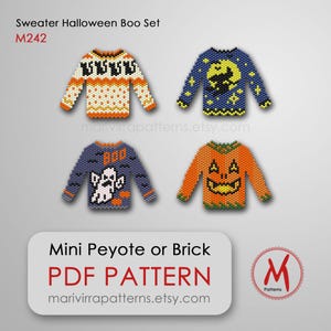Peut inclure: Quatre modèles miniatures de pulls perlés pour Halloween. Les pulls présentent divers motifs effrayants, notamment des fantômes, des citrouilles et des chauves-souris. La palette de couleurs comprend l'orange, le bleu et le blanc. Le texte sur l'image dit "Sweater Halloween Boo Set" et "PDF Pattern".