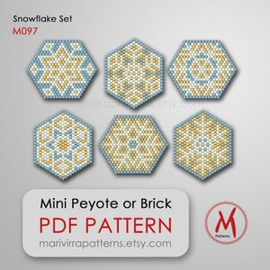 May include: A set of six snowflake beading patterns in blue, white, and gold colors. The patterns are designed for mini peyote or brick stitch and are available as a PDF download. The text "Snowflake Set M097" and "Mini Peyote or Brick PDF PATTERN marivirrapatterns.etsy.com" is included in the image.