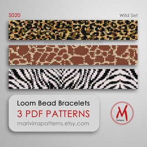 May include: Three loom bead bracelet patterns for a wild animal theme. The patterns include a leopard print, giraffe print, and zebra print. The patterns are available as PDF downloads. The image also includes the text "S020 Wild Set" and "Loom Bead Bracelets 3 PDF Patterns marivirrapatterns.etsy.com".