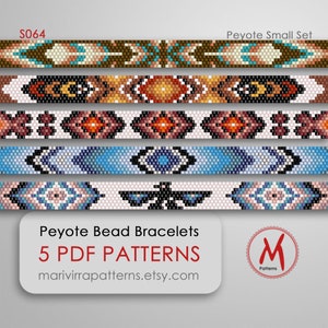 May include: Five colorful peyote stitch bead bracelet patterns in a digital download format. The patterns are labeled "Peyote Small Set" and "S064". The listing is for 5 PDF patterns and is available on Etsy at marivirrapatterns.etsy.com.