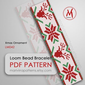 Xmas ornament Loom bead pattern for bracelet - Red and green, Merry Xmas, reindeer, miyuki delica bead 11/0 size PDF instant download #LM042
