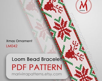 Xmas ornament Loom bead pattern for bracelet - Red and green, Merry Xmas, reindeer, miyuki delica bead 11/0 size PDF instant download #LM042