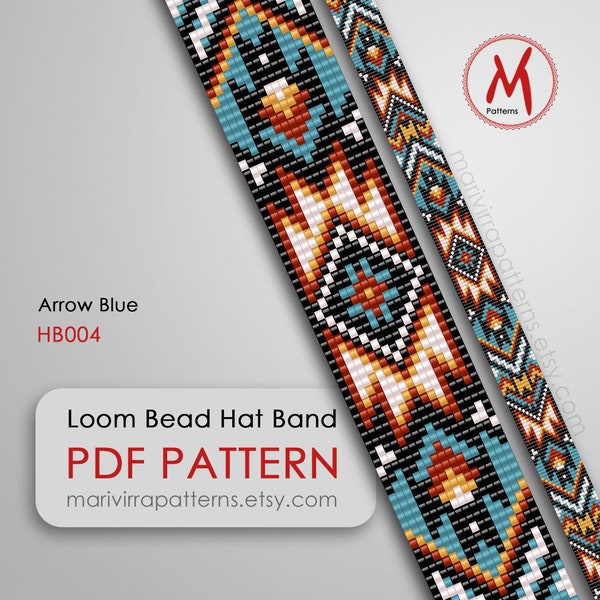 Arrow Blue Loom bead pattern for hat band, native inspired style, western band square, miyuki beads 11/0 size - PDF instant download #HB004