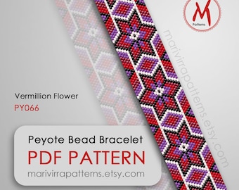 Vermillion Flower Peyote bead pattern for bracelet - Easy pattern, red violet geometry, miyuki beads 11/0 size - PDF instant download #PY066