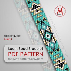 Dark Turquoise Loom bead pattern for bracelet - native inspired, south square style, seed beads 11/0 size - PDF instant download #LM419