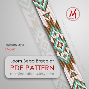 May include: A loom bead bracelet pattern in PDF format. The pattern features a geometric design with brown, white, and turquoise beads. The pattern is titled "Western Style LM020" and is available for purchase on the website marivirrapatterns.etsy.com.