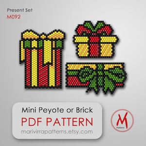 May include: A digital pattern for beading a set of three Christmas presents. The presents are red, yellow, and green with black outlines. The pattern is for mini peyote or brick stitch. The pattern is available as a PDF download. The text "Present Set M092" and "Mini Peyote or Brick PDF PATTERN marivirrapatterns.etsy.com" is included in the image.