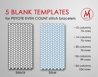 5 Blank Templates for creating peyote even count stitch bracelet - empty pattern, Create Your Own, seed bead weaving - PDF instant download