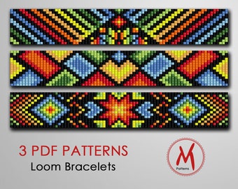 Indigenous Inspired Loom bead patterns for bracelets - Set of 3 pattern, native colors, seed beads miyuki 11/0 size - PDF instant download