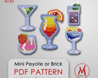 Summer Cocktails Set Peyote or Brick bead pattern for earrings or brooch pin - mini scheme, seed beads 11/0 size, PDF instant download #M183