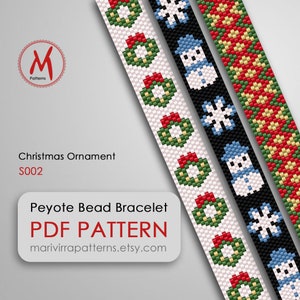 May include: Image of three beaded bracelet patterns. One shows green wreaths with red bows on a white background. The second has snowmen and snowflakes on a black background. The third has a red and gold geometric pattern.