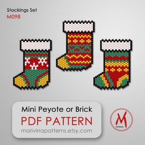 May include: Three mini Christmas stocking patterns in a pixelated style. The stockings are green, red, yellow, and white, with a black border. The image includes the text "Stockings Set M098" and "Mini Peyote or Brick PDF Pattern".