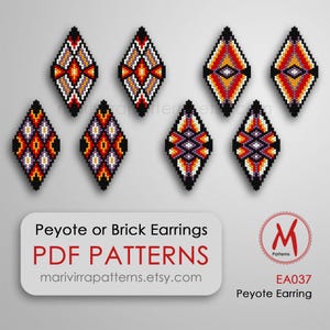 May include: Six different beading patterns for peyote or brick stitch earrings. The patterns are in a diamond shape and feature a variety of colours, including red, orange, yellow, white, black, and purple. The patterns are labelled "EA037 Peyote Earring" and "PDF Patterns marivirrapatterns.etsy.com".