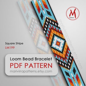 May include: A loom bead bracelet pattern with a geometric design featuring orange, blue, black, white, and yellow beads. The pattern is called "Square Stripe" and has the code LM199. The pattern is available as a PDF download.