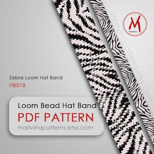 May include: A digital download PDF pattern for a loom bead hat band with a zebra print design. The pattern is available on Etsy at marivirrapatterns.etsy.com.