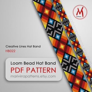 May include: A PDF pattern for a loom bead hat band featuring a geometric design in shades of orange, yellow, black, blue, and white. The pattern is called "Creative Lines Hat Band" and has the code HB022.
