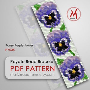 Mönster med peyotepärlor i penséblomma för armband - Lila blommigt armband, vårviol, miyuki delica-fröpärlor 11/0 - PDF direktnedladdning