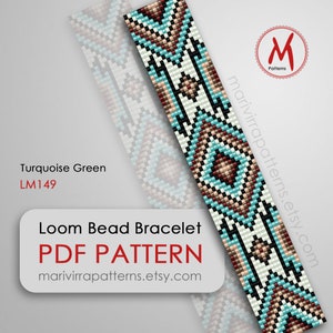 Turquoise Green Loom bead pattern for bracelet - inspired southwest square, looming bracelet, seed beads 11/0 - PDF instant download #LM149
