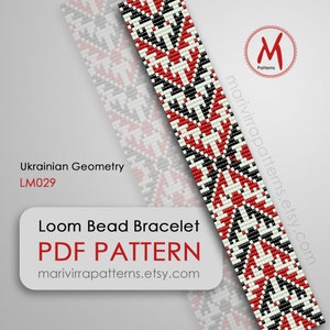 May include: A loom bead bracelet pattern featuring a geometric design in red, black, and white. The pattern is called "Ukrainian Geometry" and the pattern number is LM029. The pattern is available as a PDF download from marivirrapatterns.etsy.com.