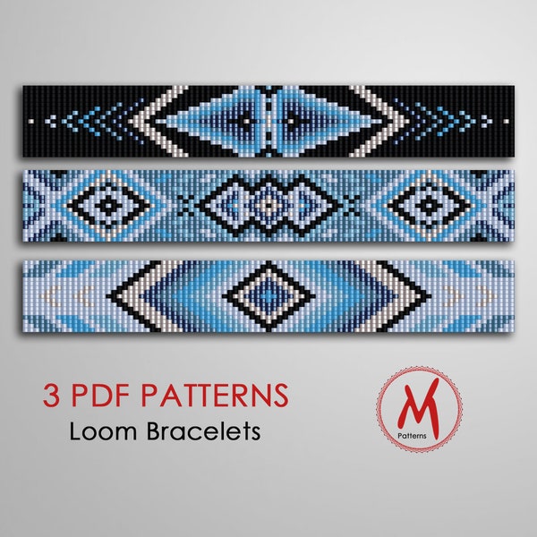 Sky Set of 3 pattern, Blue colours Loom bead patterns for bracelets - native inspired, cold turquoise, miyuki 11/0 - PDF instant download