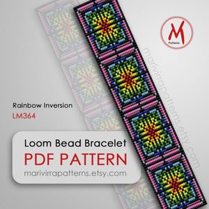 Könnte beinhalten: Rainbow Inversion Loom Bead Bracelet PDF Muster, ein farbenfrohes Perlenarmbandmuster mit geometrischem Design. Das Muster ist als PDF-Datei zum Download verfügbar. LM364 marivirrapatterns.etsy.com