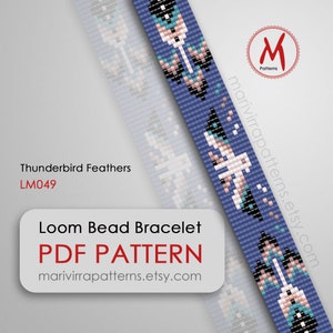 May include: A loom bead bracelet pattern featuring a Thunderbird Feathers design. The pattern is in PDF format and is available for download. The pattern is for a bracelet with a blue background and white, black, pink, and turquoise beads.