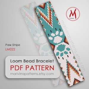 May include: Loom bead bracelet pattern, "Paw Stripe" LM022, featuring a turquoise, white, orange, and black color scheme. The pattern is for a bracelet with a paw print design.