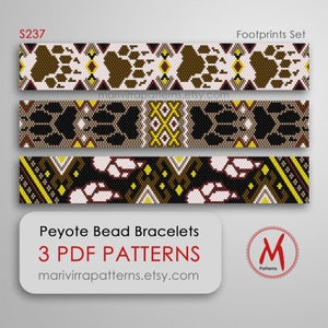 May include: Three bead bracelet patterns featuring a paw print design. The patterns are in black, brown, white, yellow, and red. The patterns are labelled "Footprints Set". The image also includes the text "Peyote Bead Bracelets 3 PDF PATTERNS marivirrapatterns.etsy.com"