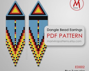 Blue Turquoise bead pattern for Dangle Earrings - Native inspired blue, miyuki delica seed beads 11/0 size - PDF instant download #ED002