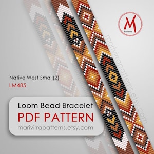 May include: Two loom bead bracelets with a Native American-inspired design. The bracelets feature geometric patterns in shades of brown, orange, yellow, black, and white. The image also includes text that reads "Loom Bead Bracelet PDF PATTERN".