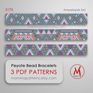 May include: Three peyote bead bracelet patterns in a set called "Ampelopsis Set" with a teal, pink, and purple color scheme. The patterns are for sale on the website marivirrapatterns.etsy.com. The image also includes the text "Peyote Bead Bracelets 3 PDF PATTERNS".