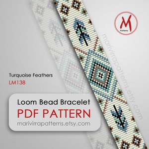 Turquoise Feathers Loom bead pattern for bracelet, native inspired, ethnic hat band idea, miyuki delica 11 size, PDF instant download #LM138