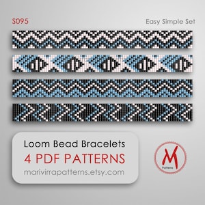 May include: Four loom bead bracelet patterns in black, white, and blue. The patterns are labeled "S095 Easy Simple Set" and "Loom Bead Bracelets 4 PDF Patterns marivirrapatterns.etsy.com".