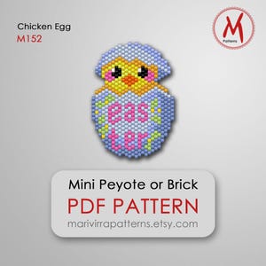May include: A beading pattern for a yellow chick hatching from a blue egg with the word "Easter" on it. The pattern is for mini peyote or brick stitch and is available as a PDF download.