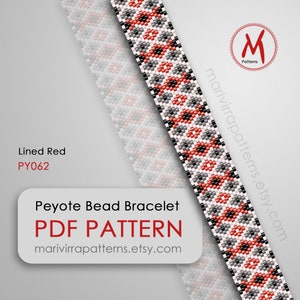Lined Red Peyote bead pattern for bracelet - Silver pattern, odd count one drop stitch, miyuki beads 11/0 size - PDF instant download #PY062