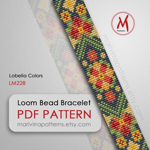 May include: Loom bead bracelet PDF pattern with a colorful floral design. The pattern is for a bracelet with a repeating pattern of flowers and leaves. The colors used are red, orange, yellow, green, and black. The pattern is available for download on the website marivirrapatterns.etsy.com.