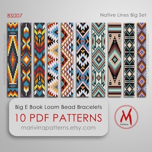 Puede incluir: Diez patrones digitales PDF para pulseras de cuentas de telar. Los patrones presentan diseños geométricos inspirados en los nativos americanos en una variedad de colores, incluyendo rojo, azul, amarillo, negro y blanco. Los patrones están etiquetados como "Native Lines Big Set" y "BS007".